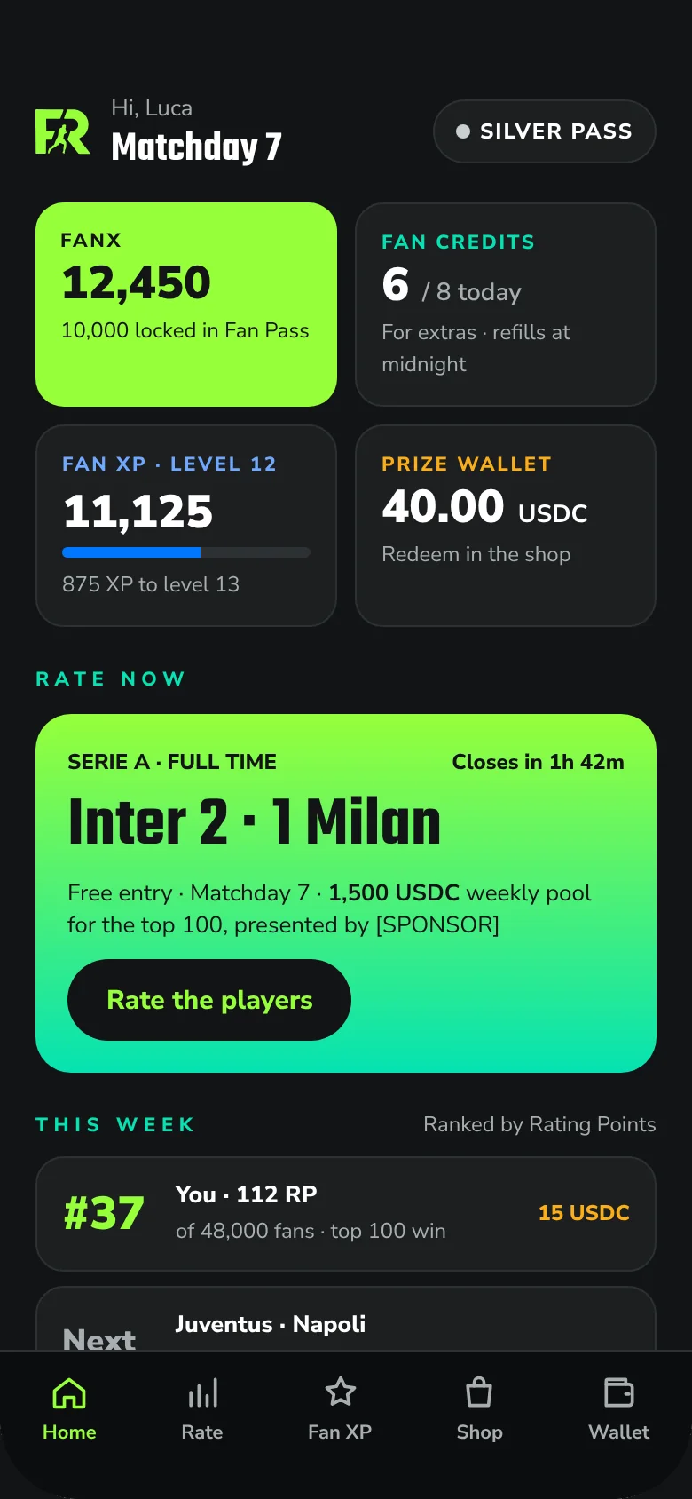 Fan Rating app, Home screen